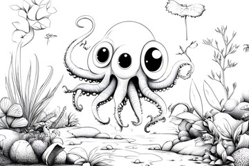 Artistic black and white ocean fantasy whimsical octopus in a playful environment