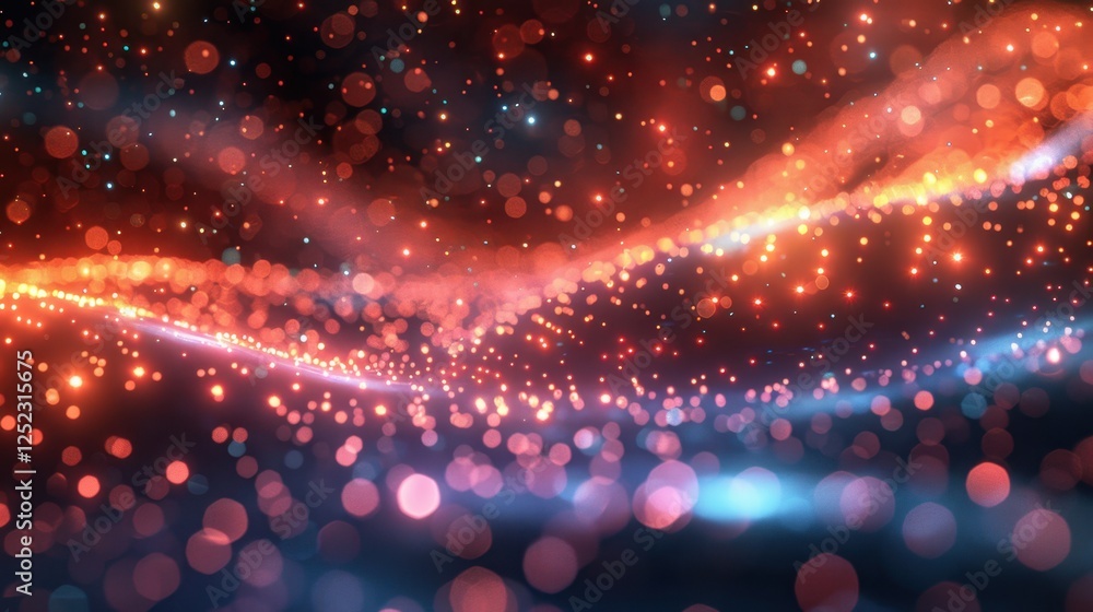 Poster dynamic sparkling light waves with vibrant bokeh in red and blue