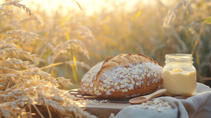 Rustic loaf of oat crusted bread accompanied by a jar of creamy butter, set against a serene golden wheat field glowing under the warm sunlight. Concept of artisanal baking and natural living.