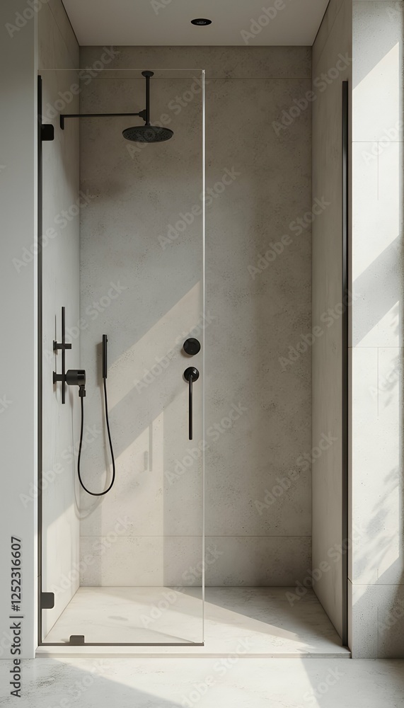 Poster shower functionality subdued design walk colors natural simplicity materials lines focus minimal cle