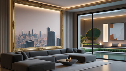 Modern Living Room Interior with ISO A Paper Size Poster Mockup – Elegant 3D Render Design