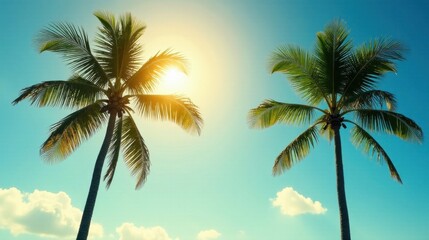 Tropical Paradise Two Majestic Palm Trees Silhouetted Against a Vivid Sunset Sky