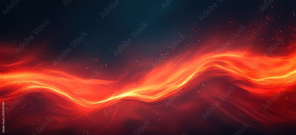 Poster abstract fiery wave on dark background with glowing particles and red-orange swirls