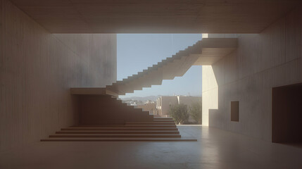 Obraz premium Modern concrete staircase, interior architecture, city view, sunlight