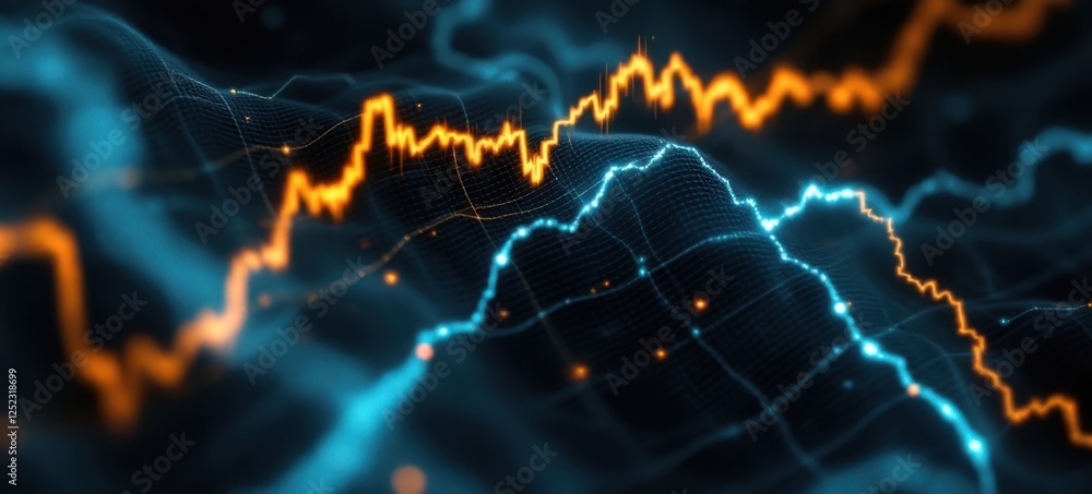 Poster glowing graph lines on futuristic abstract grid background showcasing data analysis