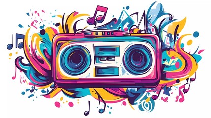 Graffiti vector design with a boombox and musical notes, on a white background, in a colorful, street art style, with urban culture elements