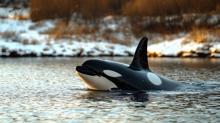 Fototapeta premium Orca surfacing winter lake snowy background nature wildlife