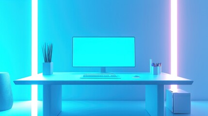 Minimalist Neon Workspace: Modern Desktop Setup with Cyan and Pink Lighting