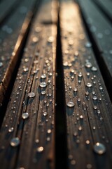 Morning Dew on Wooden Planks A Close-Up View of Sparkling Water Droplets Adorning a Rustic Surface