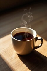 Aromatic Coffee Steam Rising from a Warm Mug on a Wooden Surface in Sunlight