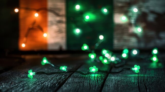 Glowing shamrock lights with irish flag background on wooden surface