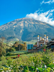 View of the mosque with domes and minarets and mountain background
