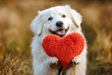 Kuvasz - my cherished dog, symbol of friendship. Marketing domestic animal design idea. Cute kuvasz pooch with fluffy red heart on a walk in a spring green space. Dog and heart-shaped toy.