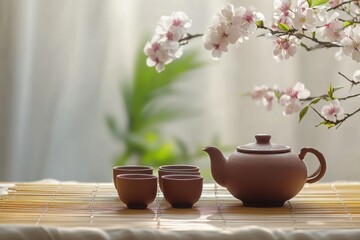 Crafting serenity a clay teapot and cups arrangement amidst blossoming nature indoor setting soft lighting tranquil concept for calmness and reflection