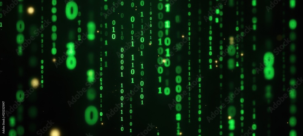 Poster glowing green binary code on black background illustrating digital data matrix