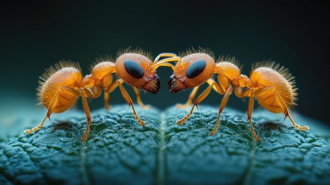 Two orange ants facing off on a leaf, macro close-up