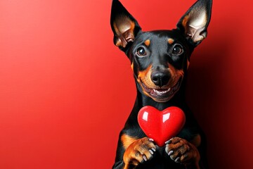 Cute doberman pinscher doggy with diamond red heart - emblem of love, funny greeting card. Doberman pinscher - my treasured dog. Marketing conceptual art. Red heart decorations. Dogs and love.