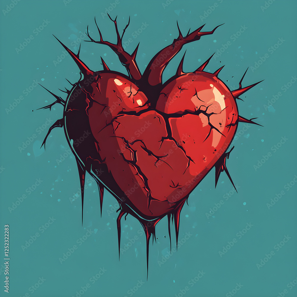 Poster a heart with angry red cracks and sharp spikes emerging from it