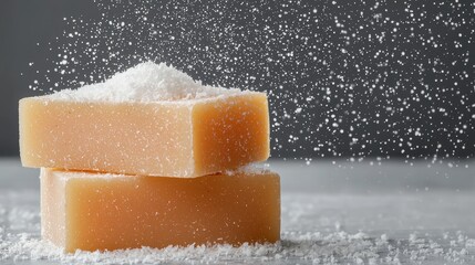A close-up of two stacked soap bars with a sprinkle of white powder, creating a minimalist and aesthetic composition against a gray background.