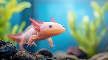 Obraz premium A vibrant axolotl swims gracefully among colorful aquatic plants, showcasing its unique features in a serene underwater environment.