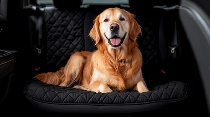 A golden retriever relaxes on a cozy car seat cover, exuding happiness and comfort during a car ride.