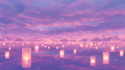 Pastel Pink Sunset with Floating Lights