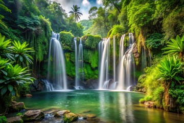 Fototapeta premium A stunning waterfall scene showcasing cascading waterfalls surrounded by lush greenery and tropical plants, outdoor, waterfall