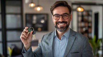 Smiling Real Estate Agent Holding Keys in Modern Office Setting