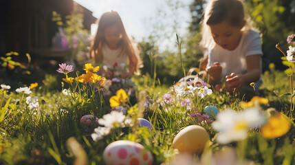 Children Enjoying an Easter Egg Hunt in a Field of Wildflowers on a Bright Spring Morning