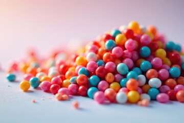 A vibrant mound of colorful candy sprinkles, perfect for baking and decorating, showcasing a delightful array of pastel hues and smooth, round shapes.