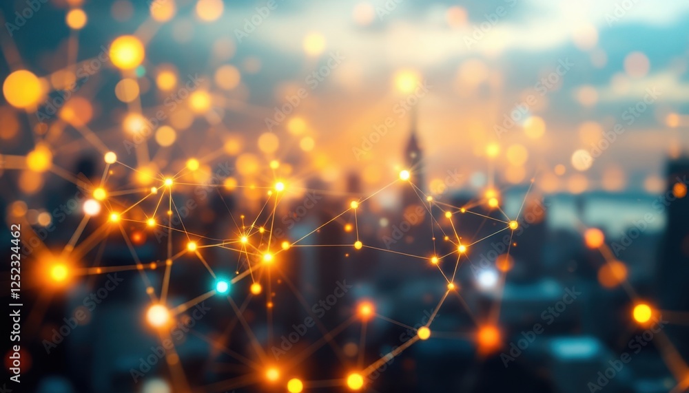 Aufkleber abstract network pattern with glowing nodes over cityscape at dusk