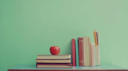A photograph of the front of a school desk with books