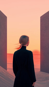 view from back of blonde woman looking at the sea and sky between modern architecture pink overlay black clothes vertical mobile wallpaper format social media post marketing branding
