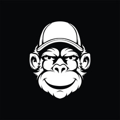 Monkey head wearing hat facing forward illustration logo design