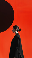 silhouette of asian woman in a black coat side profile red black circle background book cover design background vertical mobile wallpaper format social media post marketing branding