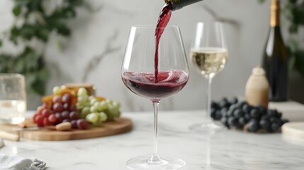 Pouring Red Wine into Elegant Glass, Gourmet Cheese and Grapes