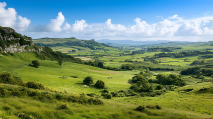 Naklejka premium Scenic Countryside Path Through Rolling Hills and Fields with Sheep Grazing on a Cloudy Day