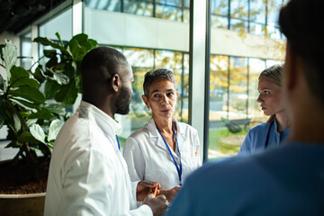 Medical team discussing patient care in a modern hospital
