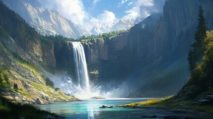 Majestic waterfall cascades into serene mountain lake