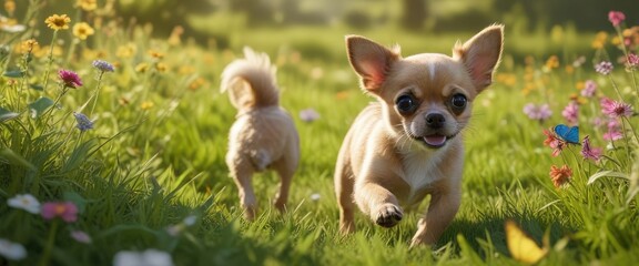 A tiny chihuahua puppy chasing after a butterfly in a meadow, wildflowers, sunlight, dog