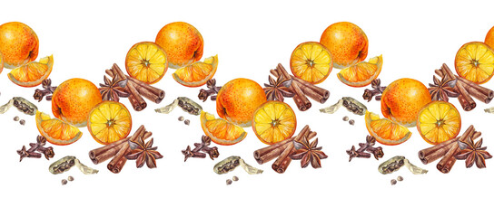 Seamless rim with watercolor slice orange with cinnamon and anise star on white background. Border with condiment and fruit for dessert or drink. Christmas food for cookbook. Wallpaper or wrapping