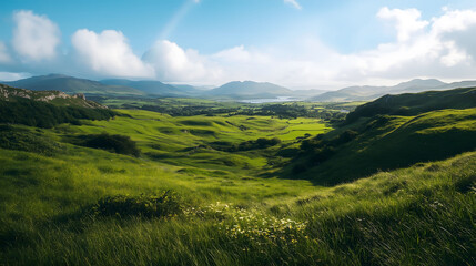Scenic Countryside Path Through Rolling Hills and Fields with Sheep Grazing on a Cloudy Day