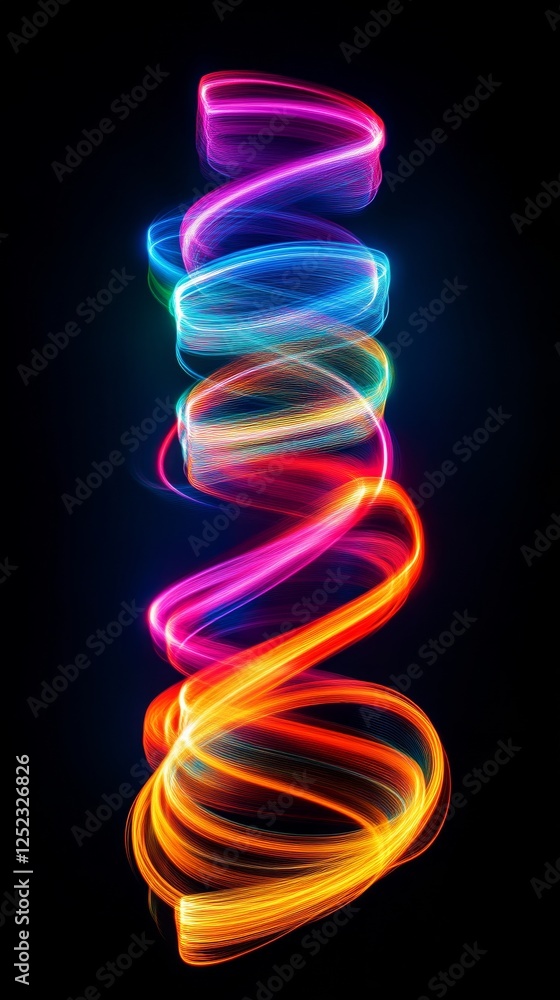 Fototapete Colorful neon light trails creating a spiral pattern on dark background. Abstract art and modern design concept