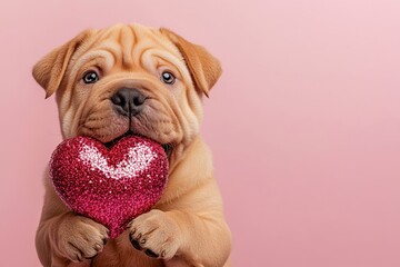Obraz premium Cute chinese shar-pei canine with sparkling rhinestones red heart - sign of love, funny greeting card. Ad layout. Chinese shar-pei - my cherished dog. Dog valentine gift ideas. Pet love.