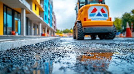 Wet road construction site with compactors near colorful buildings