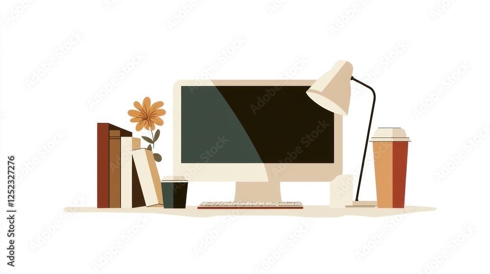 Poster flat lay design of a minimalist workspace with computer, lamp, books, coffee. possible use for showc