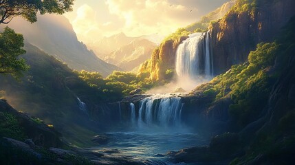 Fototapeta premium Majestic waterfall cascades in mountain valley sunrise