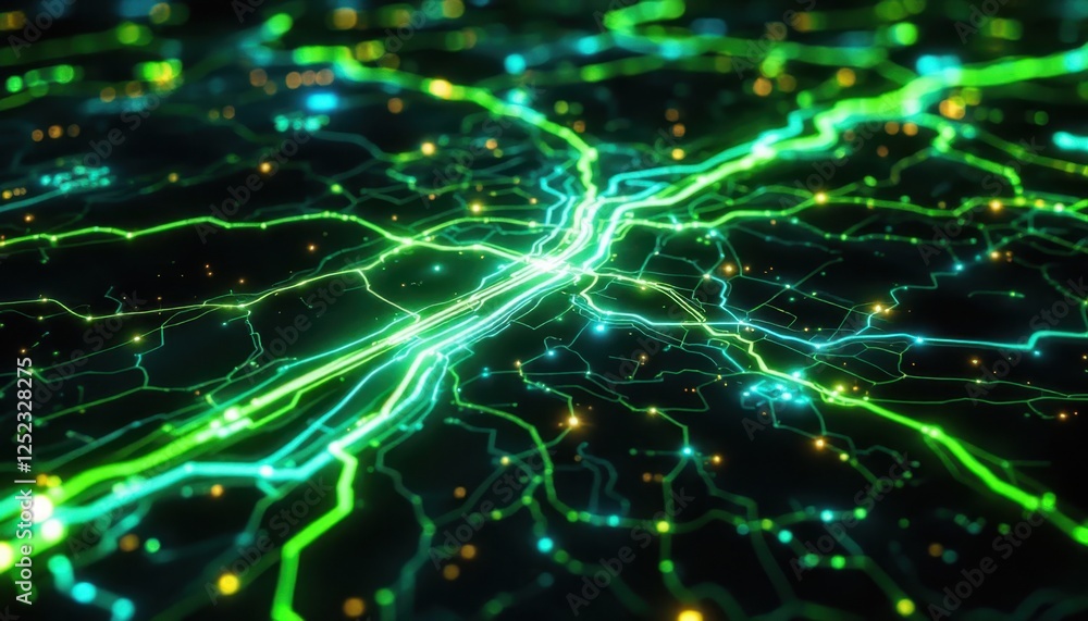 Poster glowing green and blue neural network pattern with digital circuitry