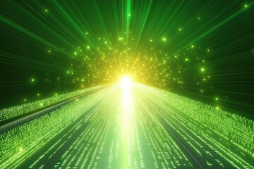 Bright Green Light Burst with Sparkles and Text Elements