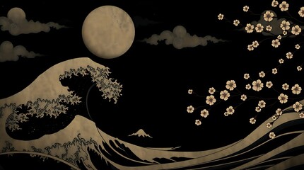 Japanese landscape background with traditional ukiyo-e painting style, copy space, wallpaper made with AI generative	